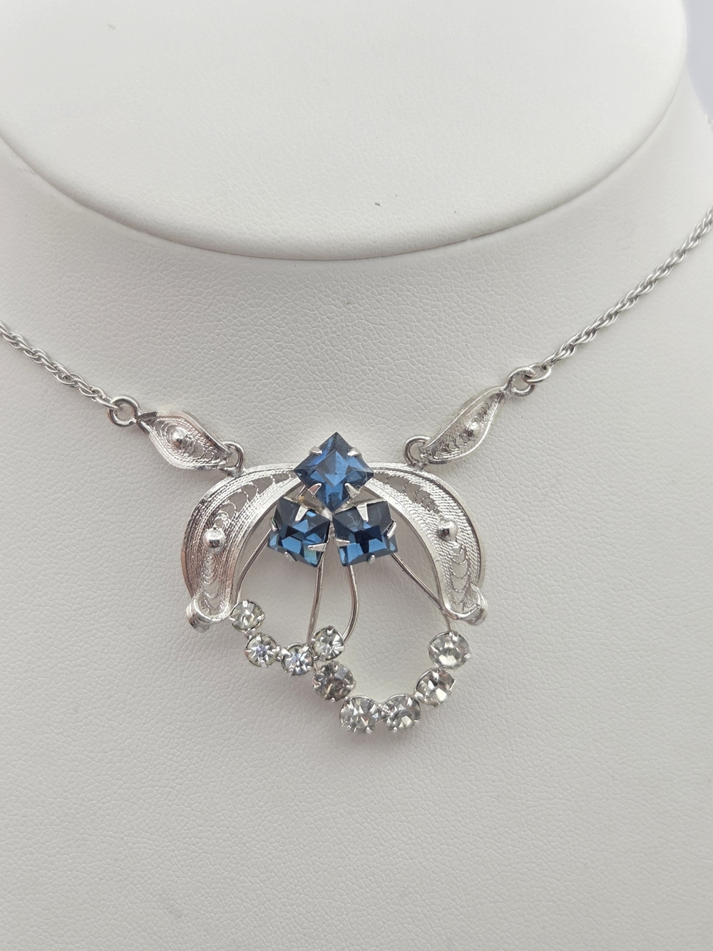 Vintage ESPO Sterling Silver Blue Rhinestone Filigree Necklace 15.5"